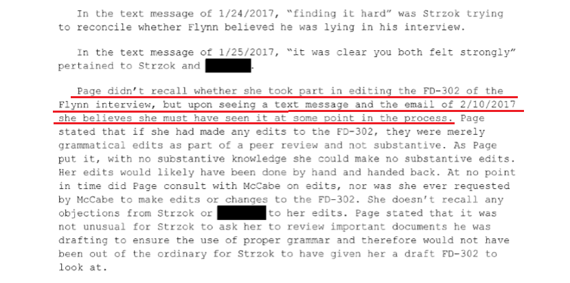 79. "Lisa Page lied to the DOJ about her edits to the Flynn 302. 'Page didn't recall whether she took part in editing the FD-302 Upon seeing her texts, she "believes she must have seen it at some point...'" -  @Techno_Fog  #QAnon