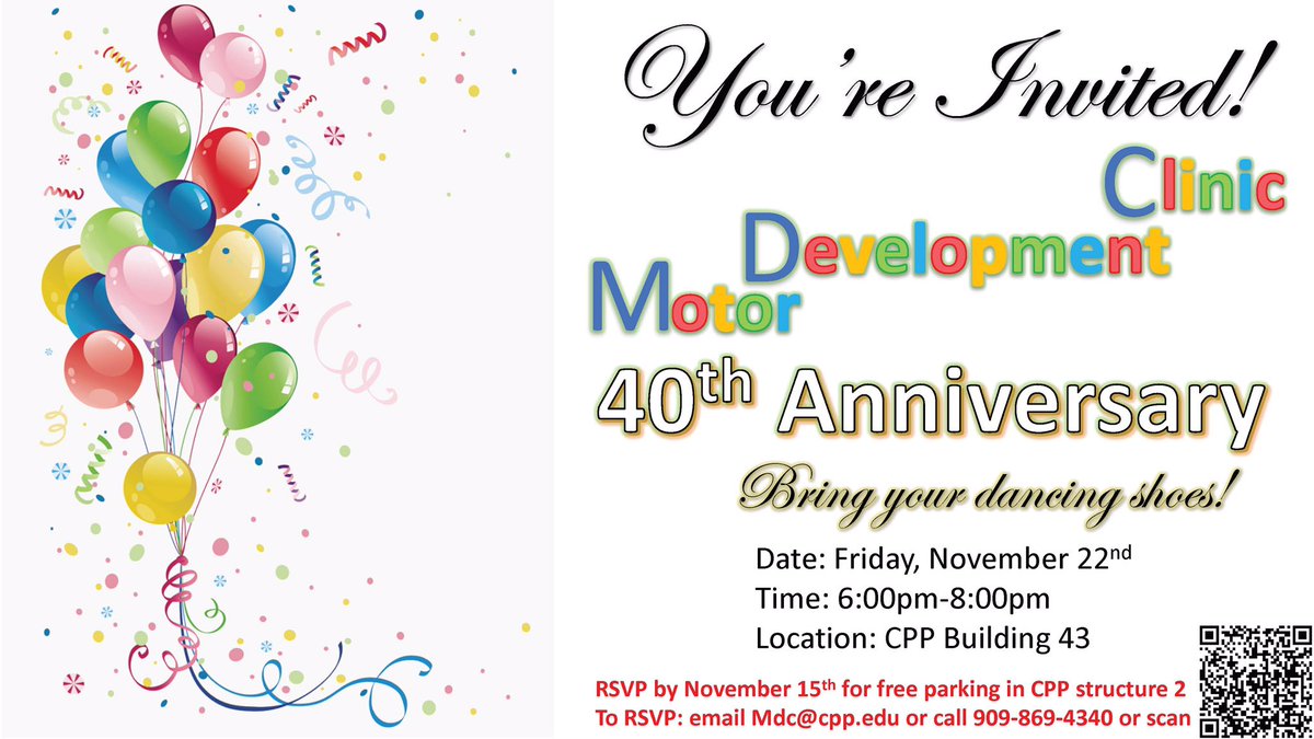 CPPAdaptedPE's tweet image. The Motor Development Clinic is celebrating its 40th anniversary! Check out the link to RSVP and learn more details. Please feel free to share with others. #cppadaptedpe #cppmdc #adaptedpe #adaptedphysicaleducation eventbrite.com/e/cpp-motor-de…