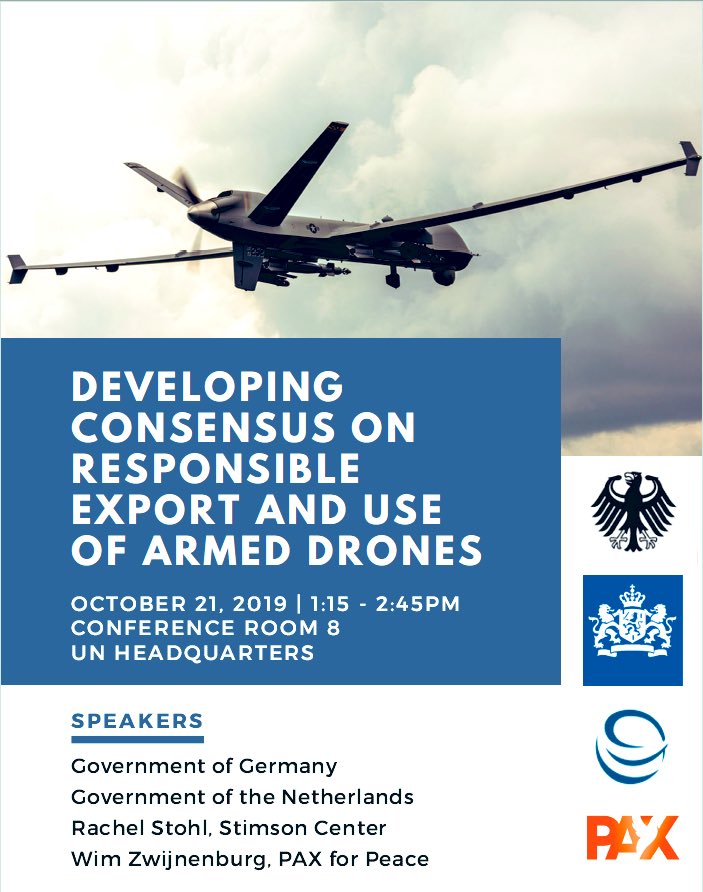 GERMANYonUN's tweet photo. As the spread of armed drones increases we need to strengthen responsible use &amp; export.                 
🇩🇪 &amp; 🇳🇱 invite for a discussion on policy options at #unitednations in New York today. #Stimson #paxforpeace @UN https://t.co/6jnrWKp9Tc
