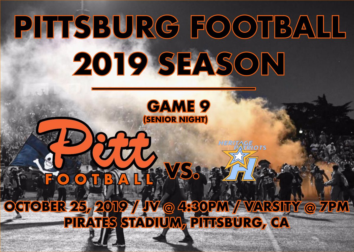PittHSFootball's tweet photo. Game 9! After beating Liberty on all 3 levels last week, the Pirates host Heritage this week. Join us this Friday for Senior Night and show your support as the Pirates continue to push for the 2019 BVAL Title #2019PittFootball #95yearsofwinning #oldhat #PITT ๐ดโโ ๏ธ๐๐งก๐ค๐๐ดโโ ๏ธ https://t.co/gWoK35brQG