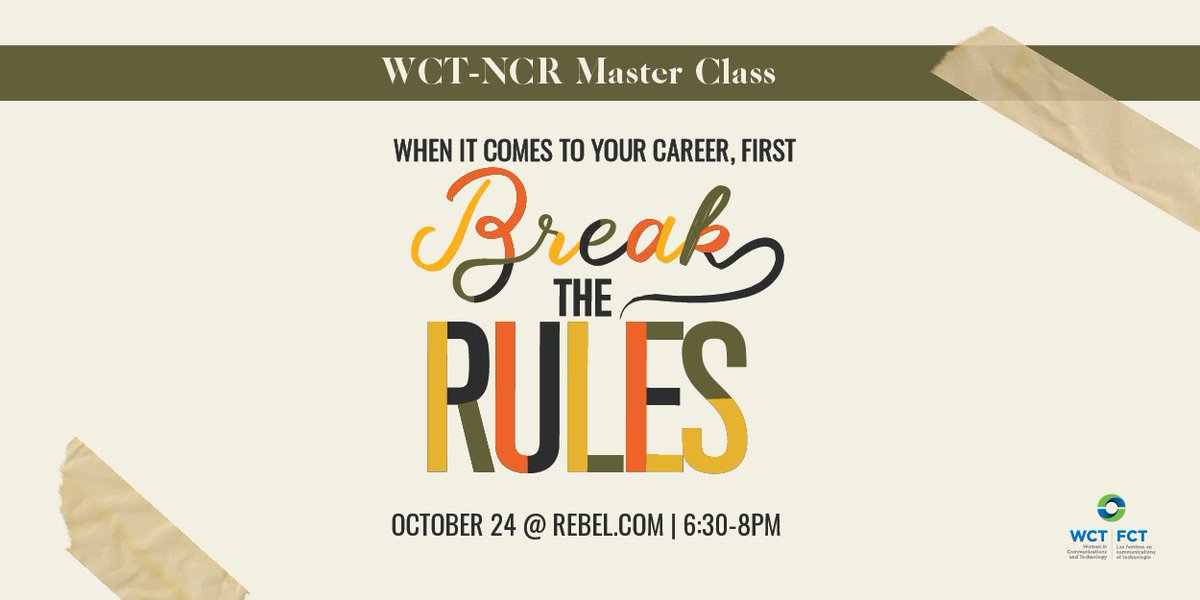 rebeldotcom's tweet photo. Coming up this Thursday, October 24 at Rebel HQ: it's the @WCT_NCR Master Class! Get hands-on career advice from 5 industry experts: @SallyJMDouglas, @komalminhas, @daneliabolivar, @Trina_Stanford and @peggy_taillon. Get tickets here: https://t.co/tVJRjtYHeu #RebelEvents https://t.co/sb7eOOImAi