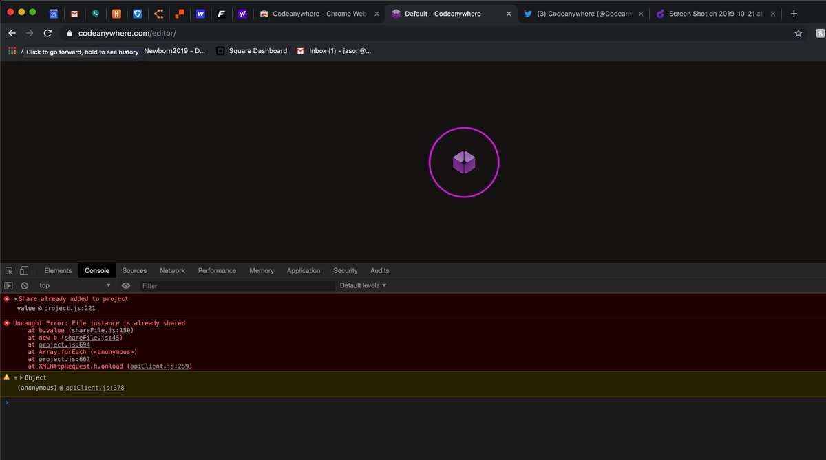 SergeantMerrell's tweet photo. @Codeanywhere Is your system down? Getting endless load animation with a few console errors. Tried on multiple browsers. Cleared all caches. Help? https://t.co/8XfwrK06OT