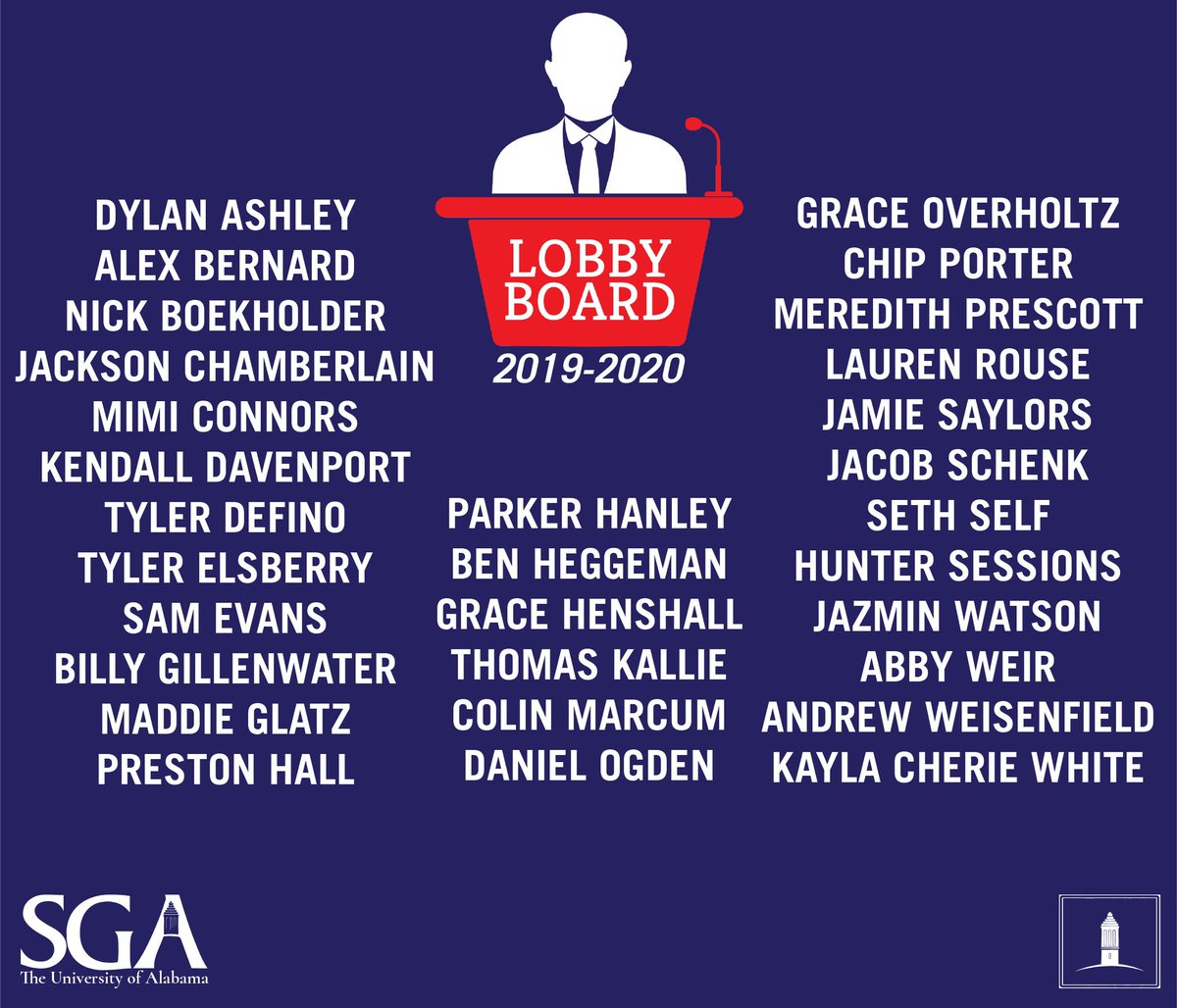 Congratulations to the UA SGA 2019-2020 Lobby Board! Thank you so much to everyone who applied and we look forward to the great work Lobby Board will accomplish this year.