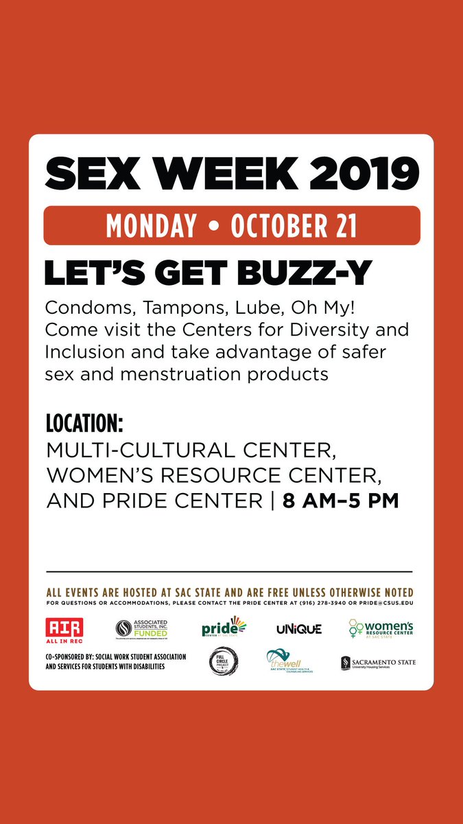 WRCSacState's tweet photo. HAPPY MONDAY, IT'S SEX WEEK! 
In celebration of sex week, we will be providing condoms, lubricants, and feminine hygiene products. These items are available to students for FREE so please take advantage of this wonderful opportunity. See you soon! https://t.co/DKQ3cW0oab