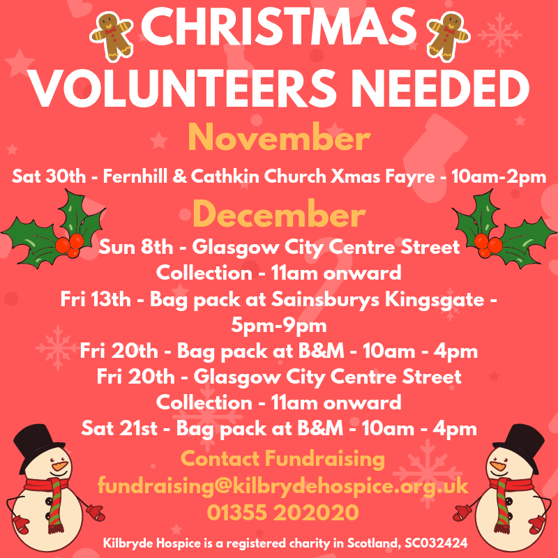 KilbrydeHospice's tweet photo. Christmas is truly the season of giving. Not only giving gifts but giving back to the community. Could you give a few hours to Kilbryde Hospice this festive season? 

Please see dates below - contact fundraising on 01355 202020 or fundraising@kilbrydehospice.org.uk https://t.co/inpkMGejow