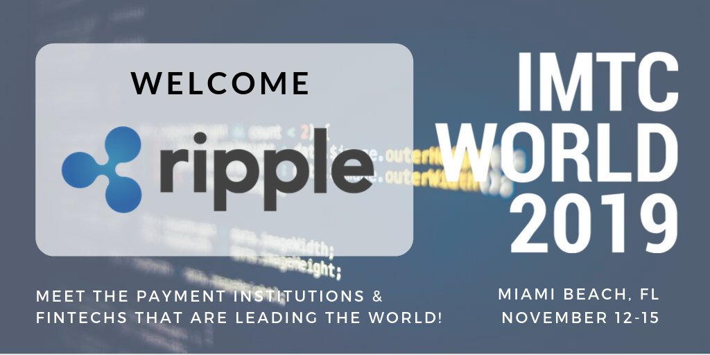 crosstech_'s tweet photo. We are very excited to welcome @Ripple as a sponsor at #IMTCWORLD 2019! Learn about the frictionless experience Ripple provides to send money globally using the power of blockchain. See them at the conference: https://t.co/9vqjLDguVs https://t.co/3EfZxOeWxT