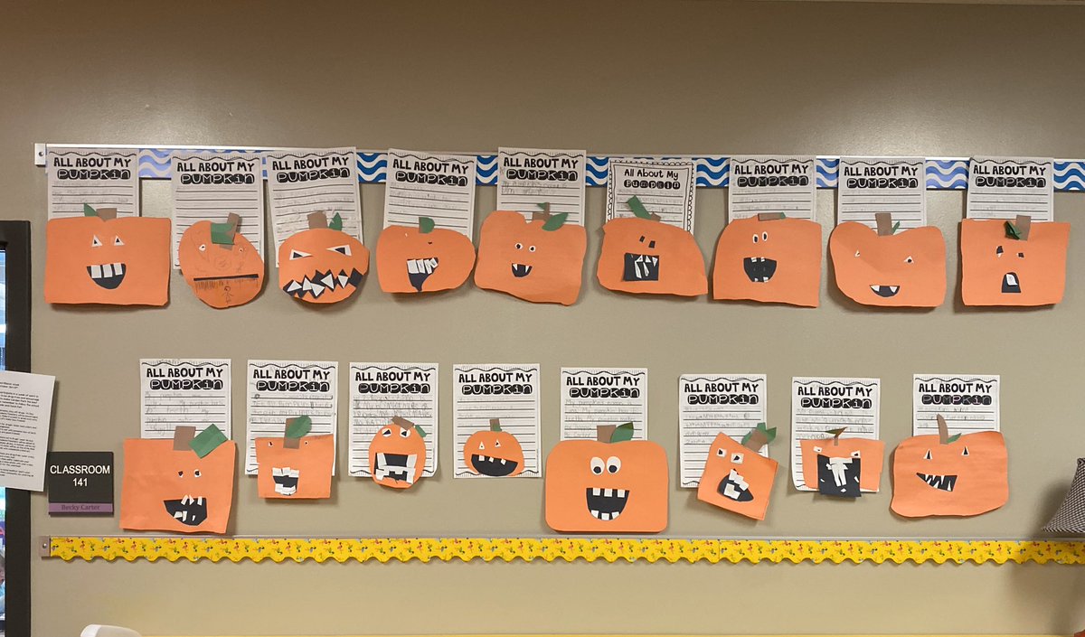 beckykcarter's tweet photo. How cute are these pumpkins!! We loved writing about and making pumpkins and are excited to begin our how to writing so we can carve a pumpkin π #funinfirst @CardenParkElem #titanpride #sjsdproud #cutestpumpkinsinthepatch https://t.co/w6RyvFujtu