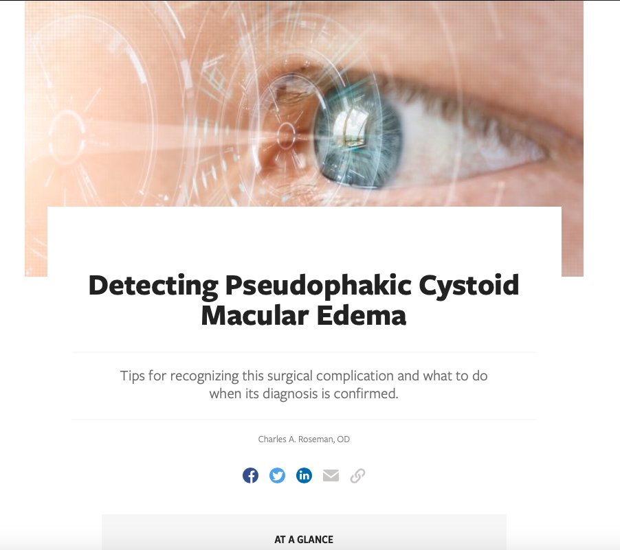 Pseudophakic CME typically presents about 4 to 6 weeks after cataract surgery. Dr. Charles Roseman identifies red flags that indicate a diagnosis of CME and reviews treatment options: hubs.ly/H0lhd8C0  #CME #cataractsurgerycomplications #optometry #comanagement