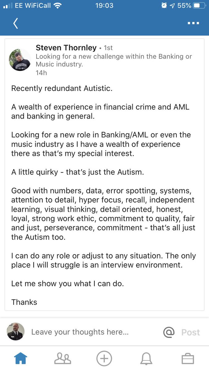 MikeWalmsleyMBE's tweet image. Please can someone help one of my close friends. He is hard working and very committed but due to his autism, struggles with interviews.

He has recently been made redundant and just wants to get back into employment and add value  #autismatwork