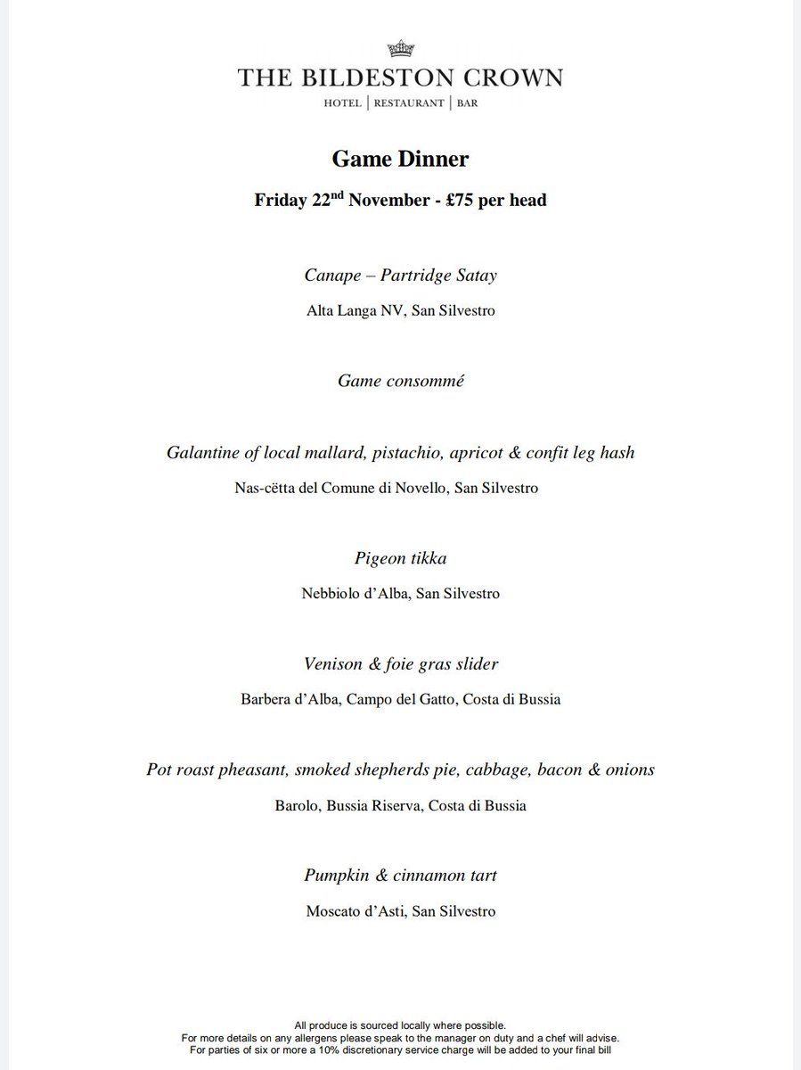 This years annual Game Dinner menu. Have you booked yet? Call 01449 740510 to make sure you don't miss out 🍽 #winedinner #winepairing #suffolkrestaurant #suffolkfoodie