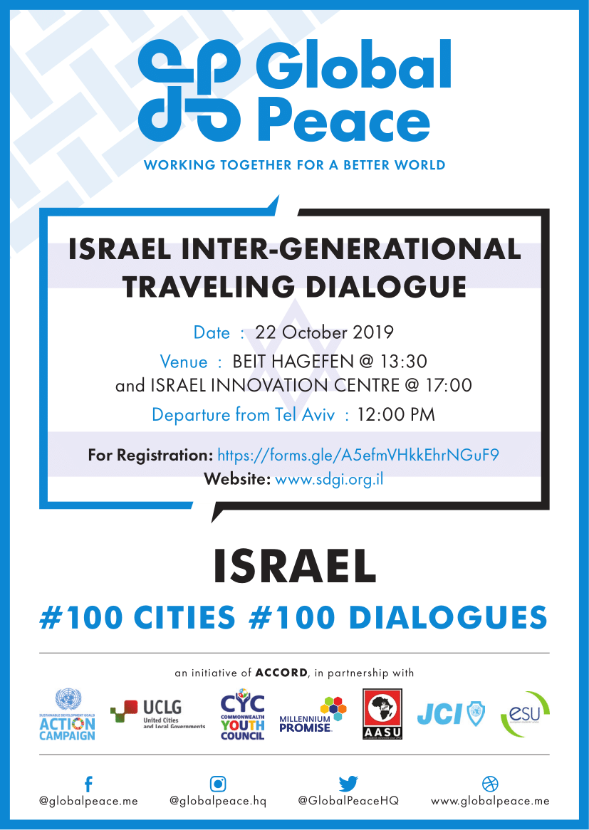 GlobalPeaceHQ's tweet photo. Tomorrow our first ever ‘traveling’ #IGD will begin in Israel taking place in Tel Aviv and then off to Haifa! We’re excited to begin the next phase in the evolution of our IGDs. #Globalpeace #100Cities #100IGDs #GlobalGoals https://t.co/nFDz70tog2