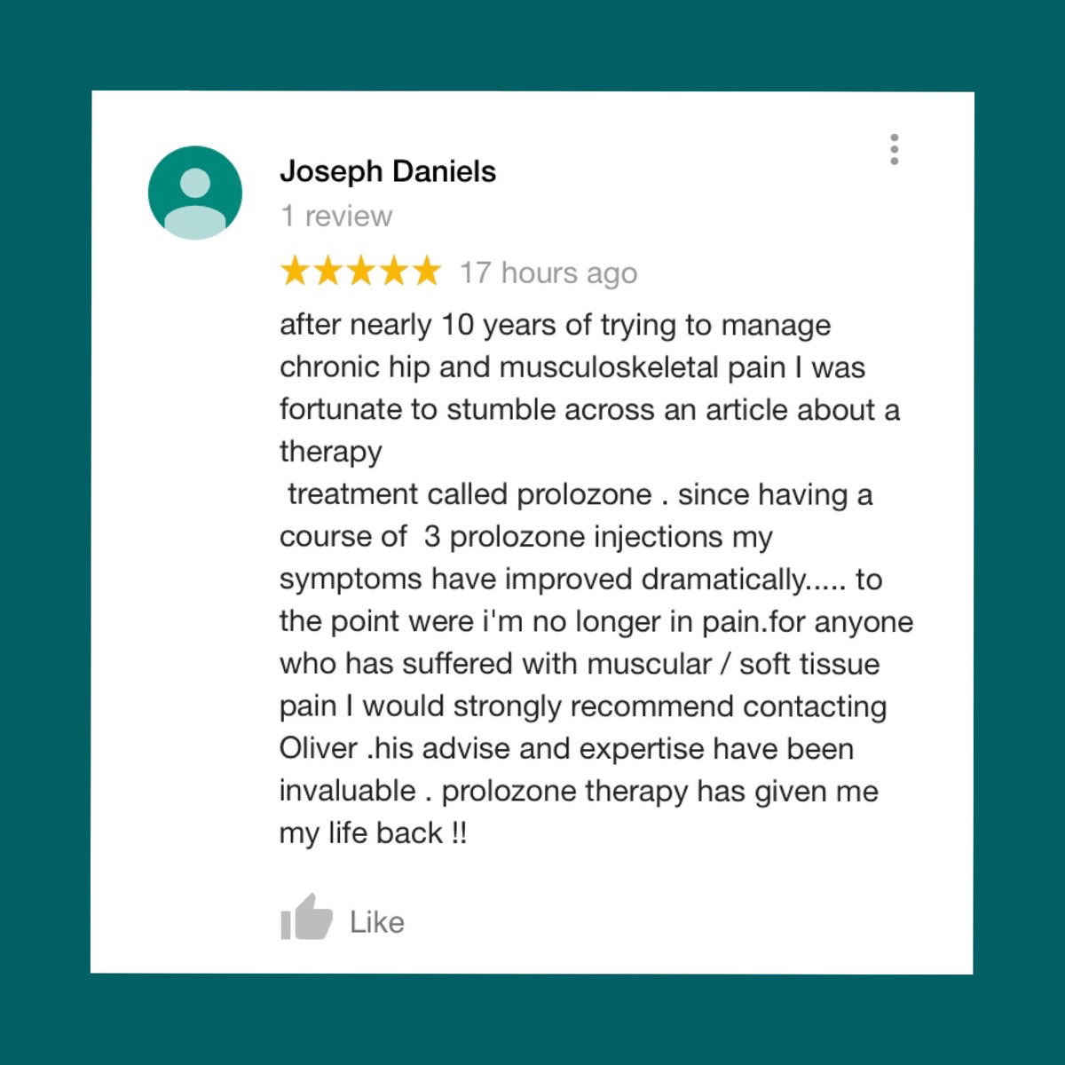 prohealth_pain's tweet photo. See what our client Joseph from our Bedford clinic has to say about his treatment for chronic hip and musculoskeletal pain... #Prolozone #Prolotherapy #Hippain #Paintreatment #Prohealthclinic #Ozonetherapy #Musculoskeletalpain #Regeneration #softtissuepain https://t.co/NkV5t9Eowu