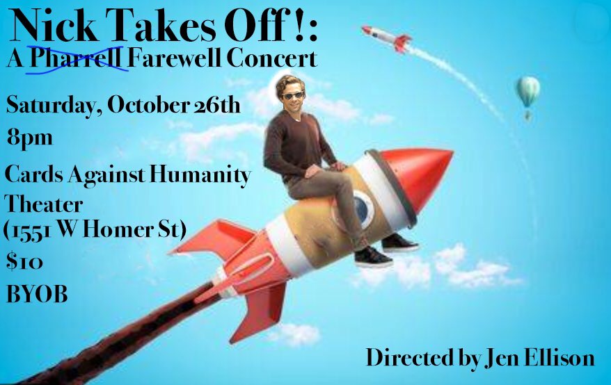 nickandgabe's tweet photo. Chicago!  Our very own Nick is moving!  Come to his going away show/celebration- if you’re not too scared 😉 👻 🚀 https://t.co/lCyJPHdy2F