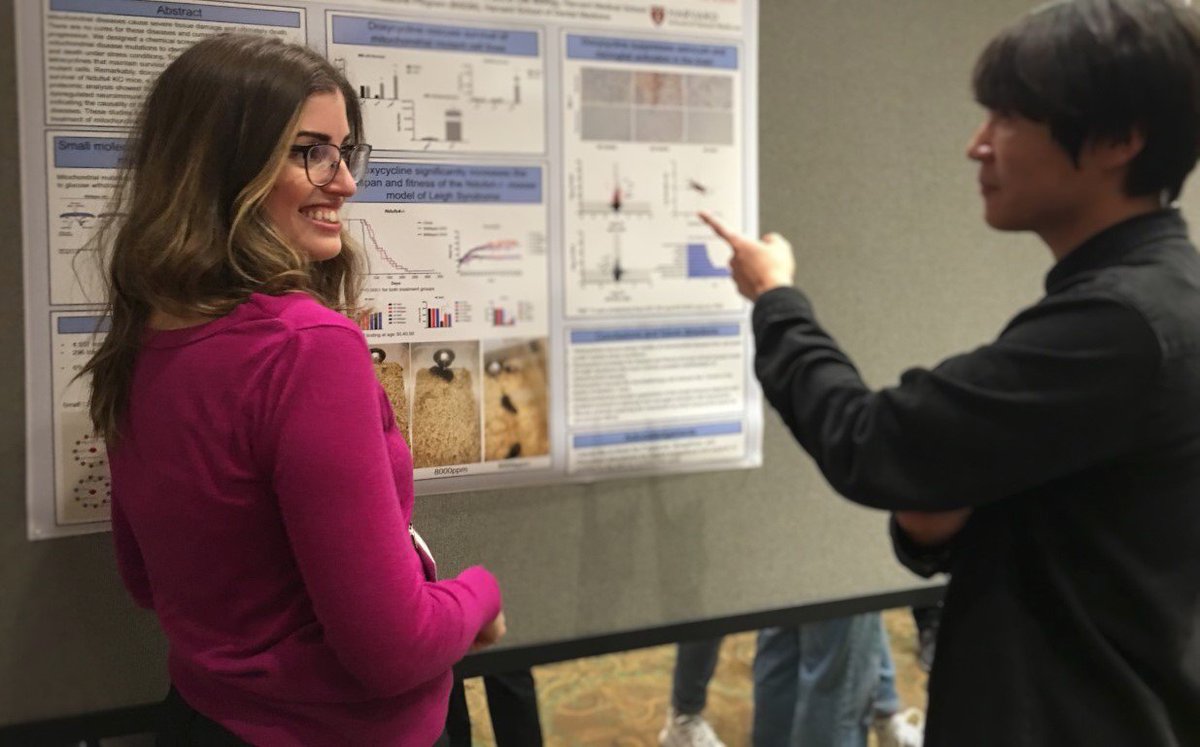 puigserver_lab's tweet photo. Three members of the lab - Pedro Latorre, Elizabeth Perry, and Chris Bennett - presenting their posters at the 2019 #CellBioRetreat. @HarvardCellBio https://t.co/boSMiZ4mpJ