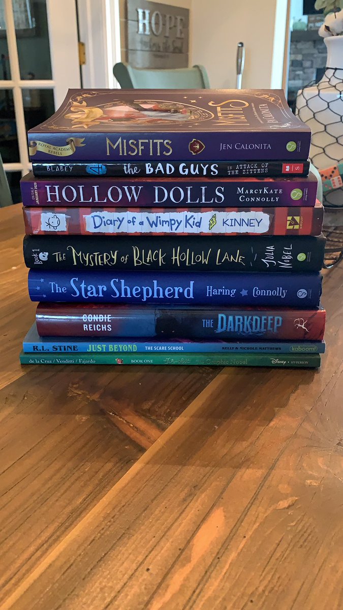JenCalonita's tweet photo. Good morning! Let’s kick Monday off with another middle grade giveaway. #teachers and #librarians retweet and follow for your chance to win the stack (which includes a signed MISFITS!). Winner picked 10/24. US only. #kidsneedbooks #clearthelists https://t.co/tRE4MknMVU