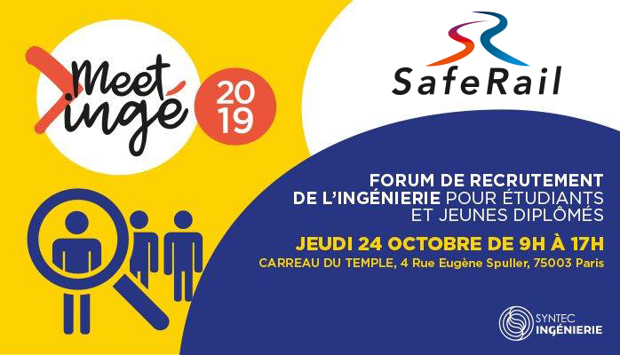 saferail's tweet photo. À la recherche d'un #emploi dans le domaine de la #signalisationferroviaire ? 
RDV Jeudi 24/10 @CarreauDuTemple à Paris pour le Forum #MEETINGE @Syntec_Inge !
Nous vous attendons sur le stand S41! 😃 https://t.co/zKVK5zgGQj