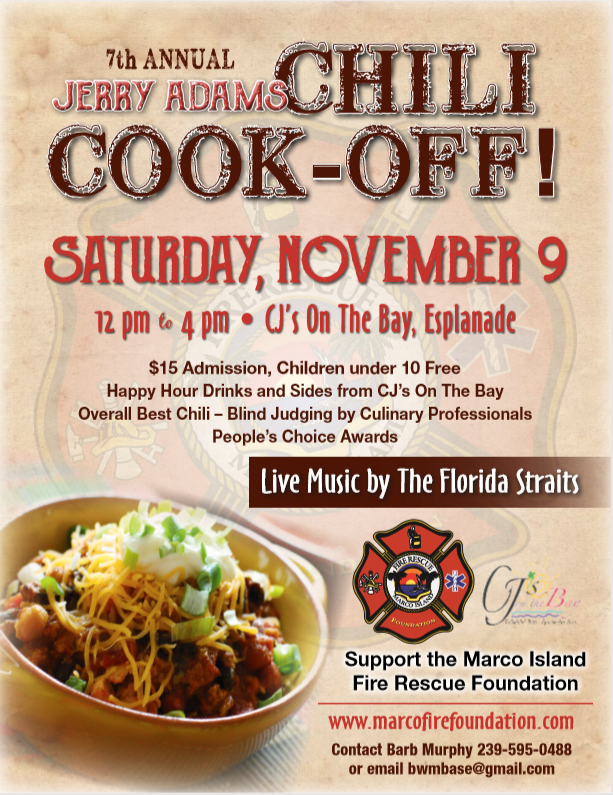 MarcoIslandPD's tweet photo. Support the Marco Island Fire Rescue Foundation by attending the 7th Annual Jerry Adams Chili Cook-Off! #MIFR #MIPD #MarcoFire #WeProtectParadise
@MarcoIslandFire
@CityofMarcoISL
@MacklePark https://t.co/ngbCDbRvzl