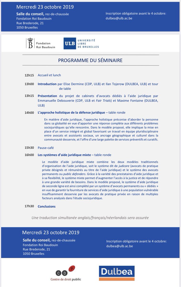 Ce mercredi !! Workshop <a href="/Dulbea_Ulb/">Dulbea</a> CDP_Ulb sur « Repenser l’accès au droit pour les plus
un projet pour améliorer l’accès au
vulnérables : des cabinets
droit des personnes vulnérables
pluridisciplinaires dédiés à l’aide juridique » avec le soutien <a href="/FRB_KBS/">Fondation Roi Baudouin</a> <a href="/MaximFontain/">Maxime Fontaine</a>