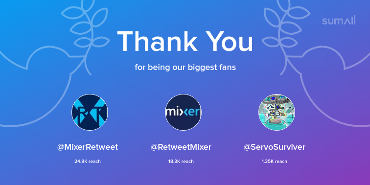 MaliciousSnip3r's tweet photo. Our biggest fans this week: MixerRetweet, RetweetMixer, ServoSurviver. Thank you! via https://t.co/dQDzjQkCPL https://t.co/eqNInn9FsY