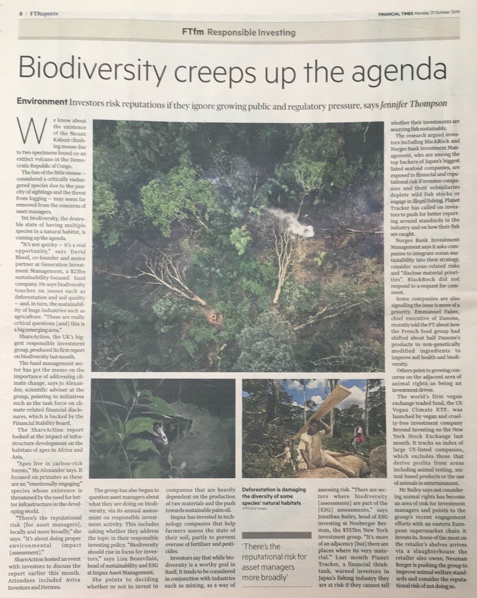 I'm thrilled to be quoted in todays <a href="/FT/">Financial Times</a>, talking about my recent <a href="/ShareAction/">ShareAction</a> report, in collaboration with <a href="/ArcusGreatApes/">Follow Arcus Apes Program at @ArcusApes</a>, which highlights the reputational and financial risks to investors when #biodiversity isn't given sufficient attention