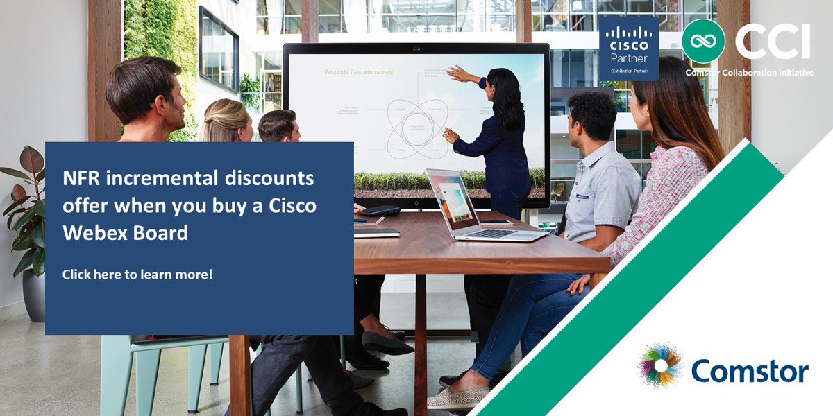 AssessMy's tweet photo. Access incremental #discounts on the #Cisco Not For Resale Program when you purchase a Cisco Webex Board.
Call #Comstor today to learn more! #welovecisco #numberonedisti #comstorcollaboration
https://t.co/8YSxC3uTj7 https://t.co/pAM8eaxSVy