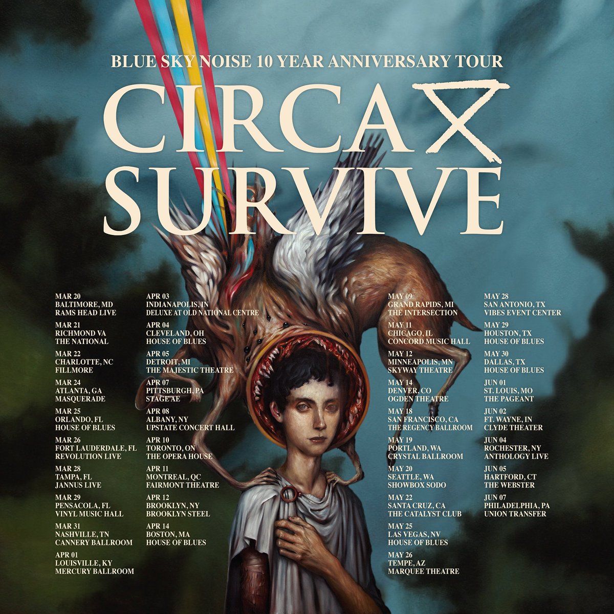 circasurvive's tweet image. We’re so excited to announce the Blue Sky Noise 10 Year Anniversary Tour! We can’t wait to celebrate this album with you next year. 
VIP bundles are on sale now at: showstubs.com/circasurvive
Tickets on sale this Friday at 10am