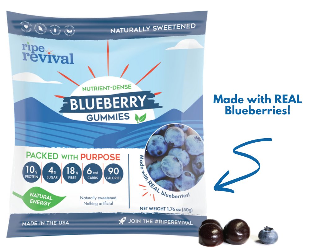 REAL TALK 📞 #RipeRevival blueberry gummies are made using real #blueberries.  But not just blueberry flavor or a part of the fruit - it uses the whole thing - skin, seeds and the juicy inside!  The technology behind our gummies means you get the #wholeplant benefits.