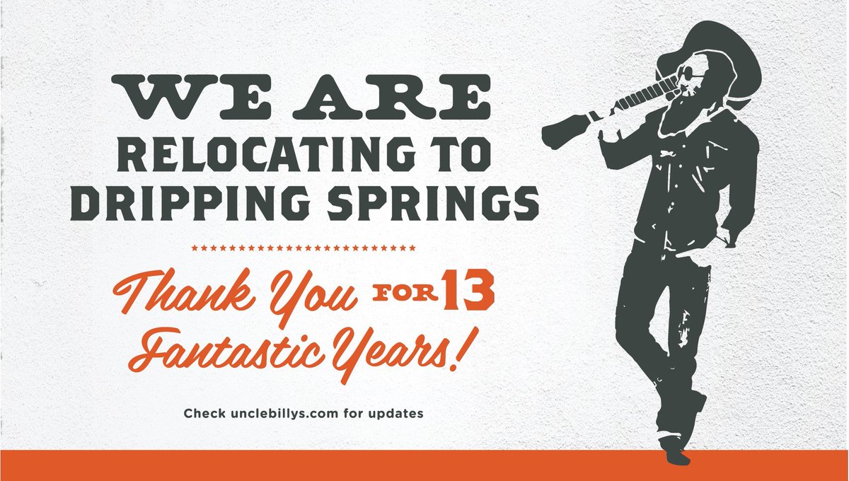 Uncle Billy’s Brewery &amp; Smokehouse on Barton Springs Road in Austin is now closed. We are excited to relocate to Dripping Springs, Texas. Thank you for an incredible 13 years relaxing on the patio with award-winning craft beers, distilled spirits, hand-crafted cocktails, and BBQ