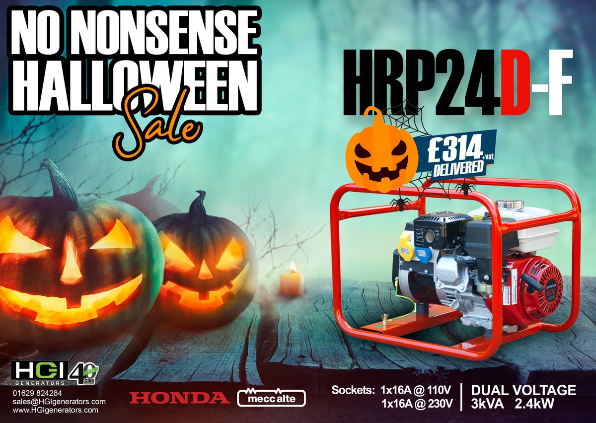 HGIgenerators's tweet photo. **Halloween Sale** ....MUST END OCT 31ST.... This is our best selling, 2.4kW Portable Petrol Generator... for the next 10 days only, we're offering this at just £314+vat DELIVERED!! Drop us a line through Social Media or on 01629 824284 #generator #generators https://t.co/DhbTcXfGU1