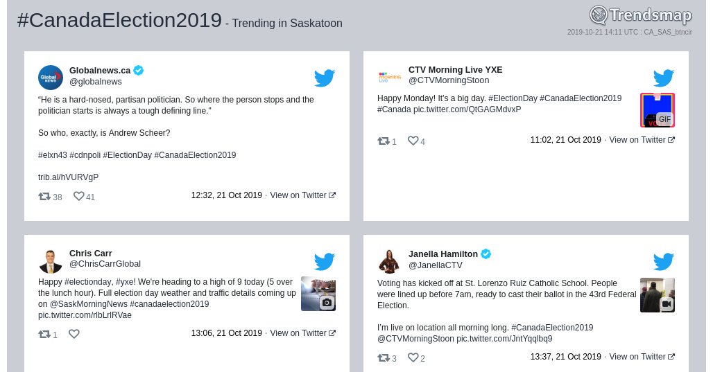 TrendsSaskatoon's tweet photo. #canadaelection2019 is now trending in #YXE

https://t.co/DXDuaZNrlO https://t.co/rrjJCRTXpC