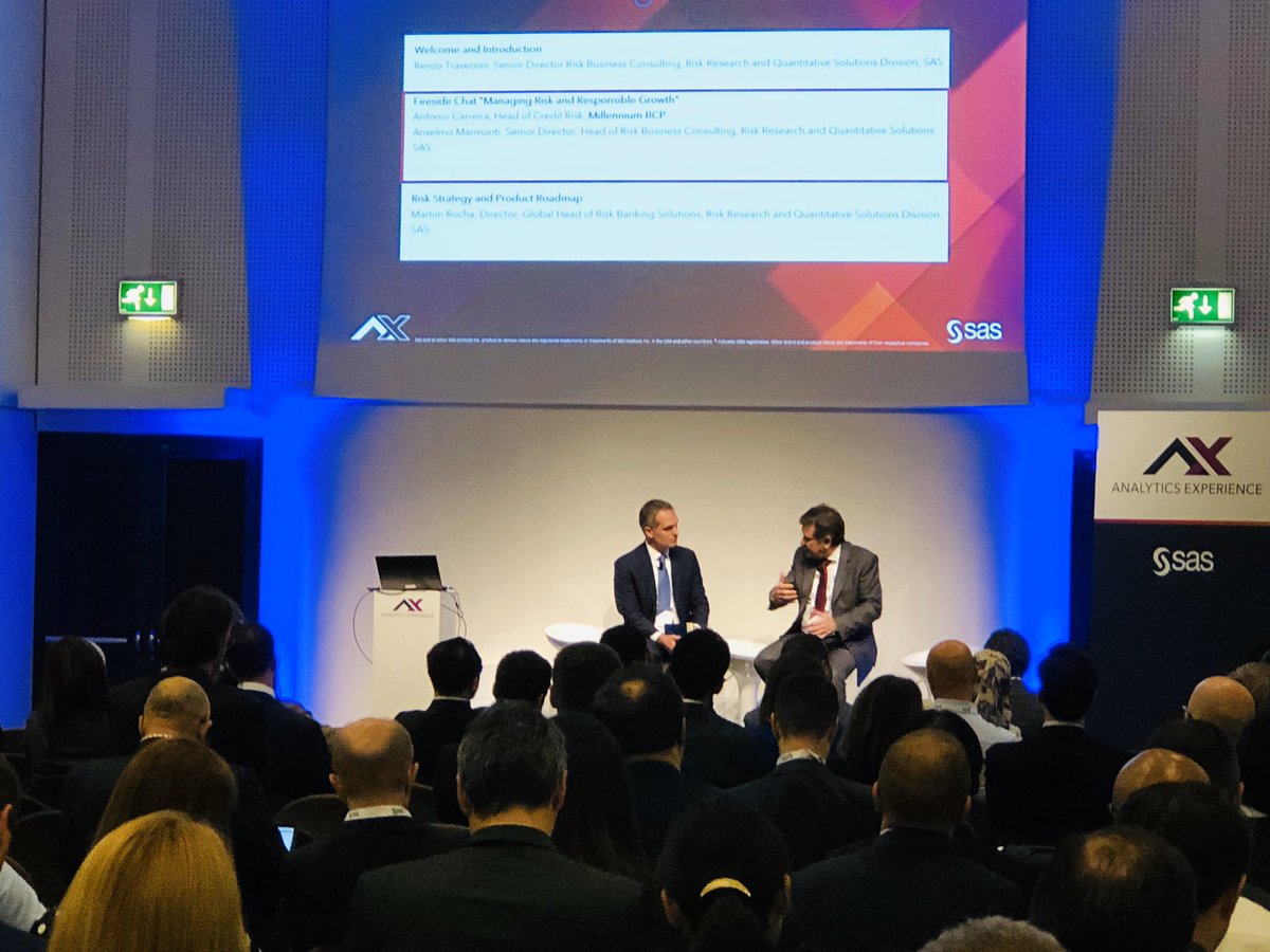 A packed house for the Risk Executive Forum at #AnalyticsX. <a href="/anselmomarmonti/">anselmo marmonti</a> and Antonio Carreira kicked us off with a Fireside Chat on Managing Risk and Responsible Growth at Millennium BCP Bank.