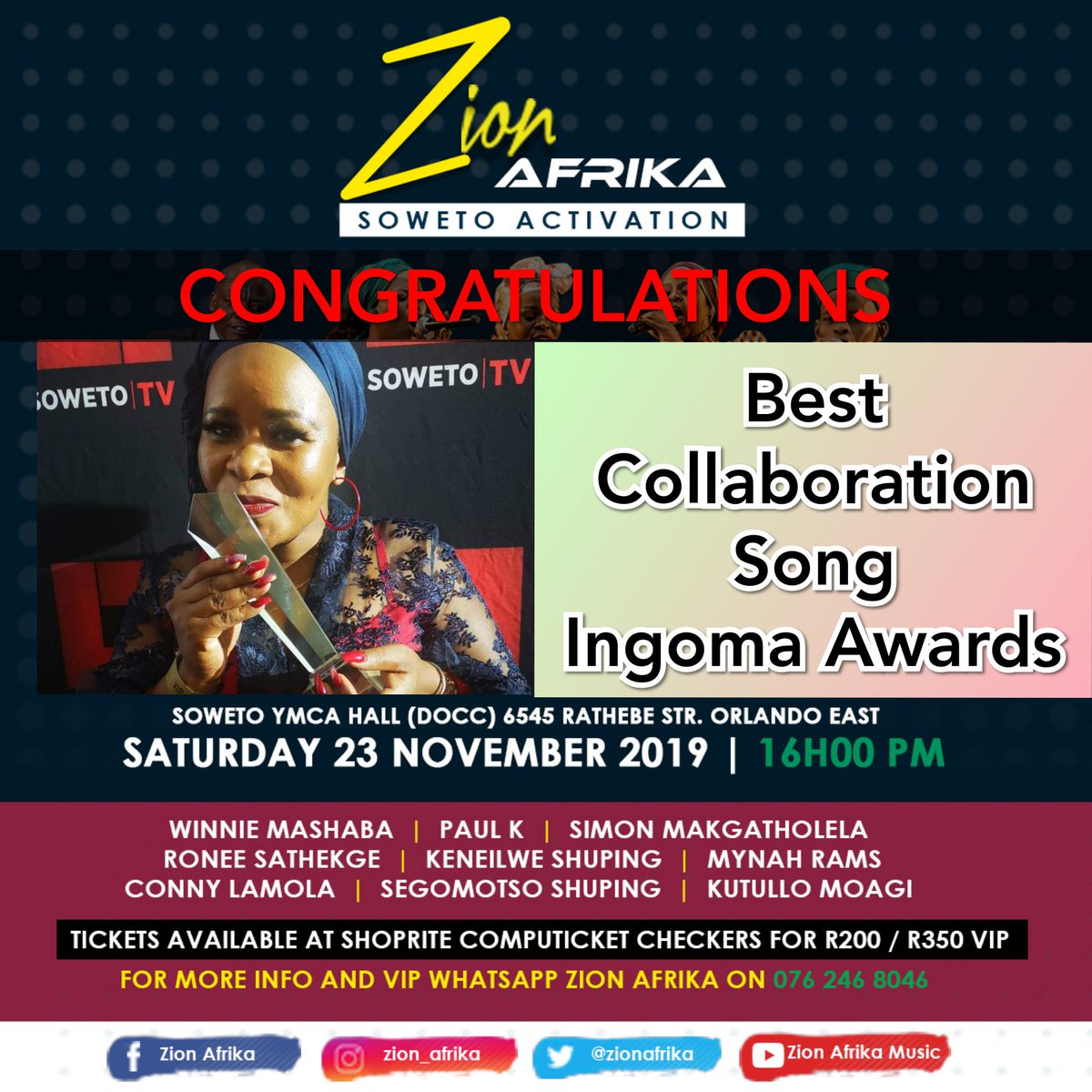 zionafrika's tweet photo. Kgotsong family. 
What a beautiful and busy weekend it was: auditions, awards, nominations.

Congratulations to our brother and sisters. We are so proud of you, and looking forward to your Soweto Activation performance. 🎷🎸🎵

#ZionAfrika https://t.co/c8munljjA5