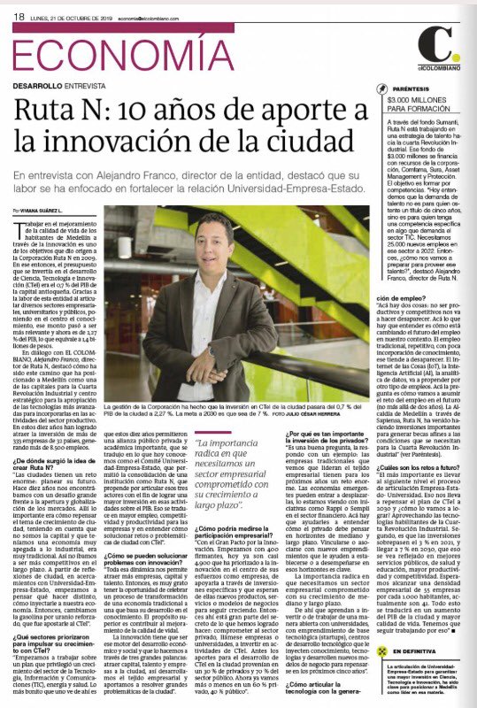 Son 10 años demostrando que gracias a la Ciencia, la Tecnología y la innovación Medellín sí tiene #ElPoderDeTransformar. Hoy en <a href="/elcolombiano/">El Colombiano</a> hablando un poco de los inicios de <a href="/Ruta_N/">Ruta N</a>, lo logros y los retos que vienen para la ciudad. bit.ly/33P6Xt3