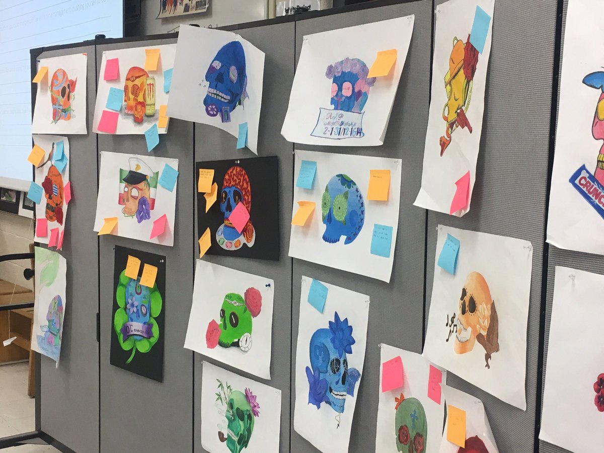HBolensArtClass's tweet photo. Students critiqued their peers Day of the Dead Skulls in Drawing today. They used art vocabulary to also self-reflect on their process & the end product. #myLSPS #LSHSART #ATeachersImpact #modelingworkshopcontinues https://t.co/9Gi5AQ3ztp