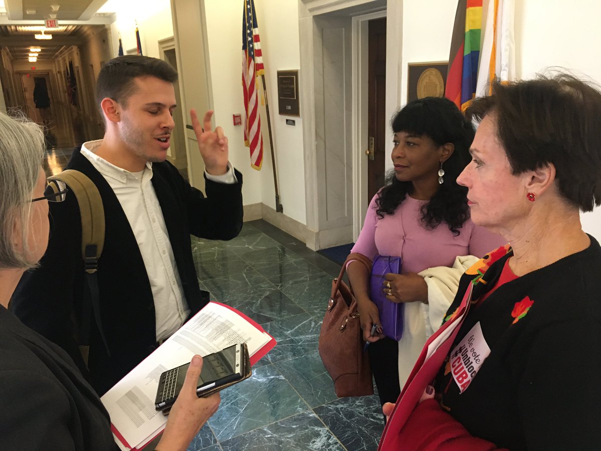 GailWalker_IFCO's tweet photo. Dr. Jourdy Victoria James Heredia of #Cuba, Lee Schlenker of #WitnessforPeace, #NNOC Co-Chairs Nalda Vigessi, Cheryl LaBash and Gail Walker encouraging Congresswoman Ayanna Pressley to support Freedom to Travel to Cuba @NNOCuba @Miguel_Fraga_79 @ifcop4p https://t.co/6LWb7lVA5R