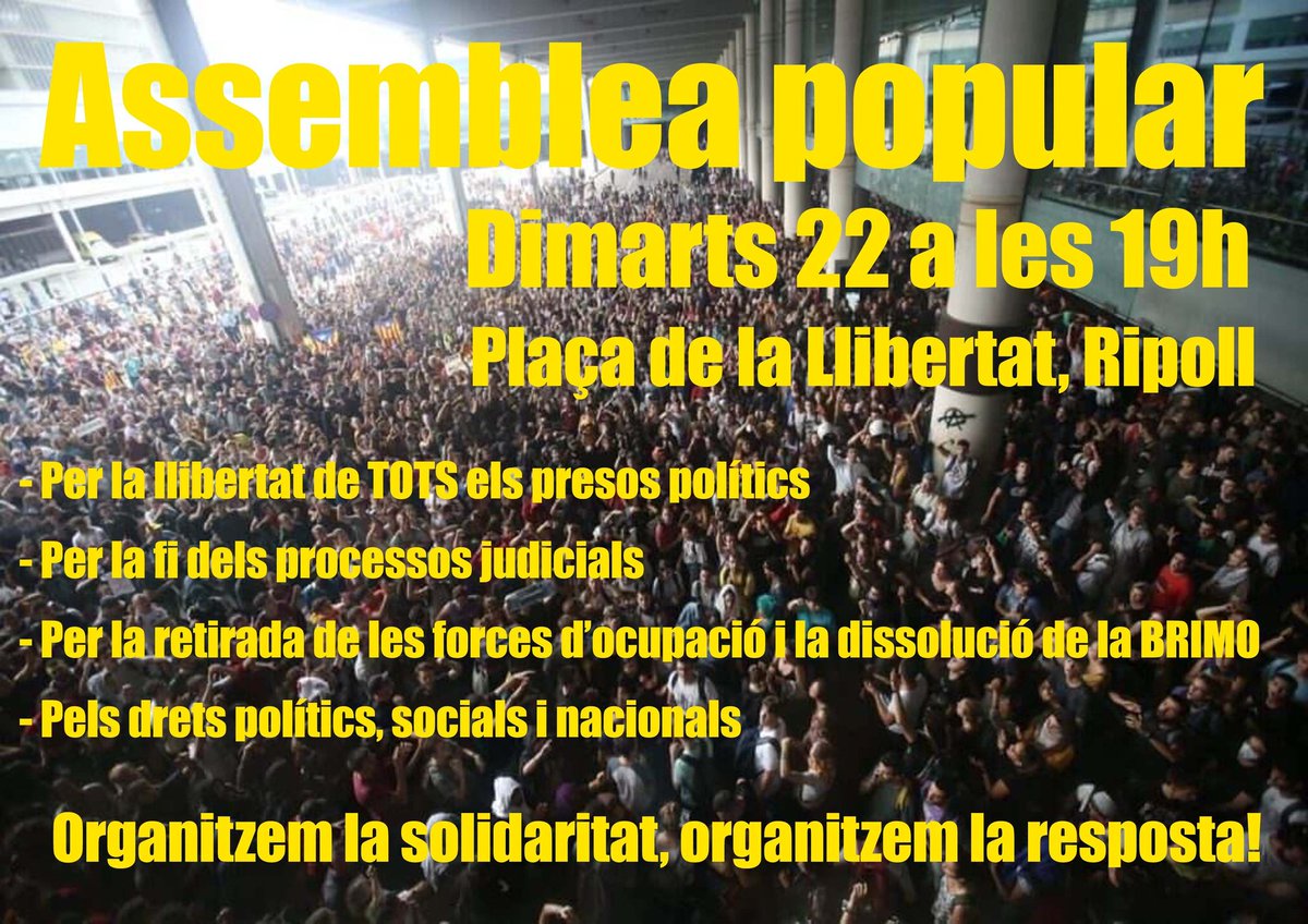 📣 Ripolleses i ripollesos nascudes aquí o que hem fet d’aquesta terra la nostra llar estem unides i sortim al carrer sense por. 

Organitzem la solidaritat, organitzem la resposta!✊

📆 Dimarts 22 de octubre
🕒 19:00h
📍 Plaça de la Llibertat, Ripoll