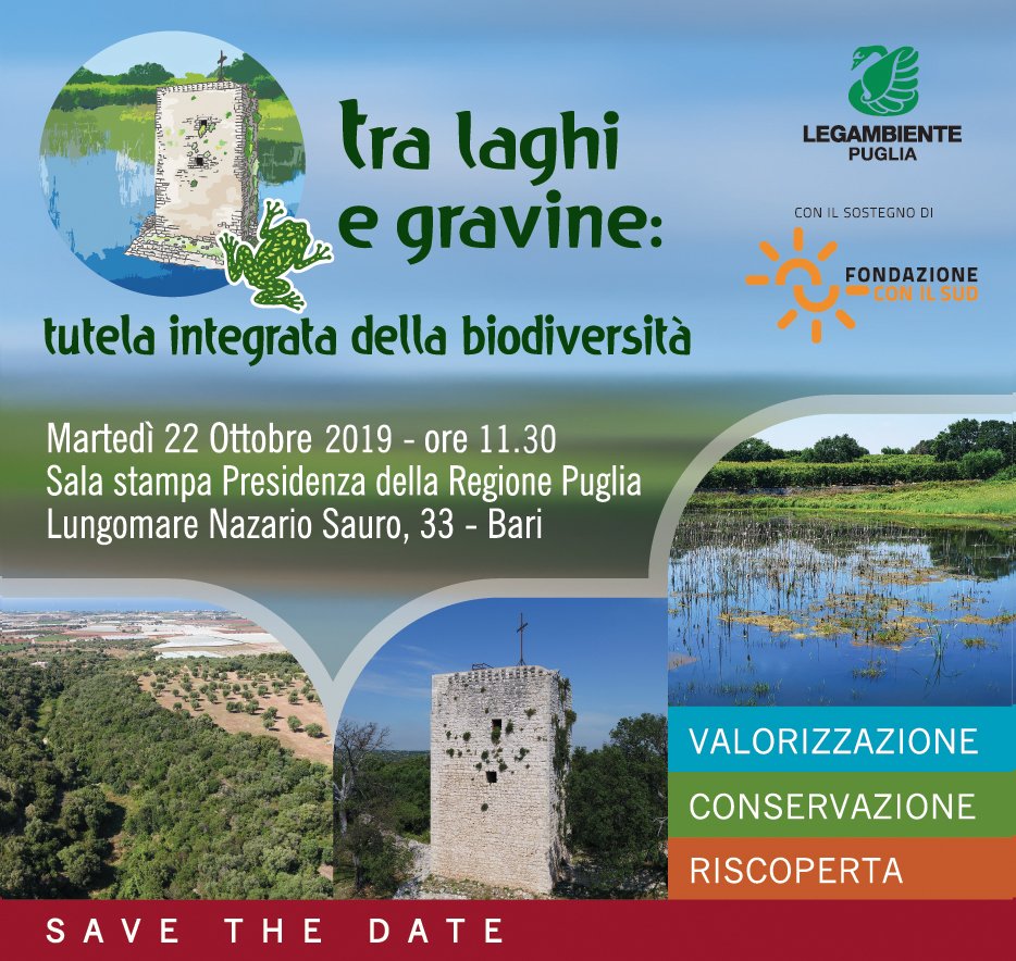 LegambientePugl's tweet photo. Domani presentiamo «Tra laghi e gravine: tutela integrata della biodiversità», un nuovo progetto volto a #riqualificare e rendere #fruibile la Riserva naturale dei Laghi di Conversano e Gravina Monsignore, un ecosistema unico che comprende ben 10 #laghi e una profonda #gravina. https://t.co/lKzkTH1ph0