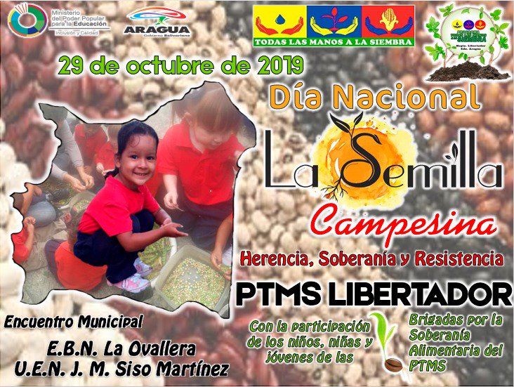 #AraguaTierraDeConucos
La Coordinación Del Programa Todas Las Manos A La Siembra de la Zona Educativa De Aragua te invita este #29Oct a celebrar 🎉 El Día Nacional De #LaSemillaCampesina 
.<a href="/NicolasMaduro/">Nicolás Maduro</a> <a href="/mppevzla/">MPPEducación</a> <a href="/RosangelaOrozco/">Rosangela Orozco</a> <a href="/RMarcoTorres/">Rodolfo Marco Torres</a> <a href="/leoalvacabrera/">Prof. Leonardo Alvarado</a> <a href="/PTMSNACIONAL/">Programa Todas las Manos a la Siembra</a>