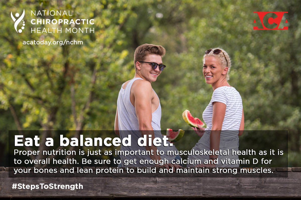 swickardchiro's tweet photo. Proper nutrition is just as important to the health of your bones and joints as it is to your cardiovascular health. Eat a balanced diet and take other #StepsToStrength in October during National Chiropractic Health Month. https://t.co/HrWinGukDf https://t.co/3SUOvHMrYU