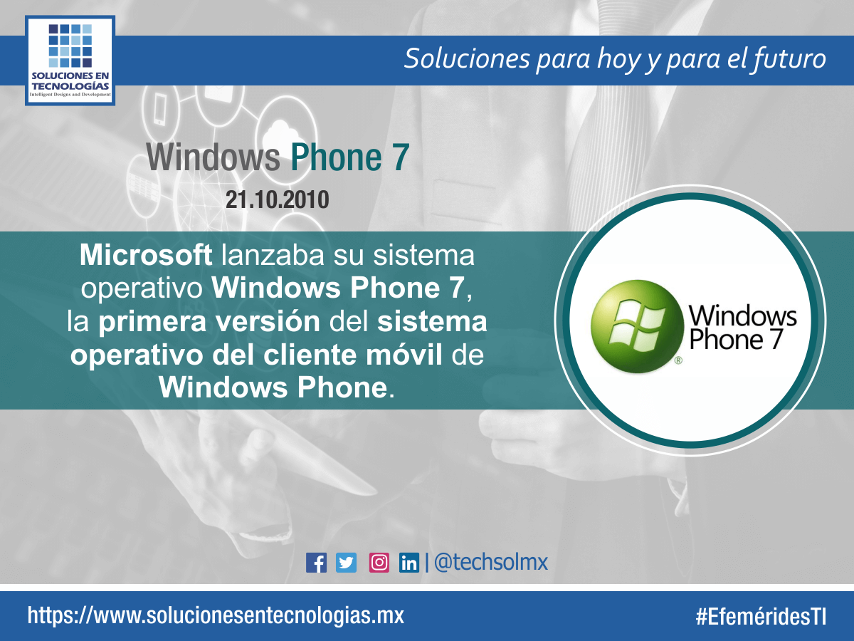 techsolmx's tweet photo. Un día como hoy (21/10/2010): Microsoft lanzaba su sistema operativo Windows Phone 7, la primera versión del sistema operativo del cliente móvil de Windows Phone https://t.co/0CrC3wF3xY

#EfeméridesTI #Microsoft #WindowsPhone7 #WindowsPhone #Tecnologías #Tecnología #TIC #Tech #IT https://t.co/HlRJY9Etif