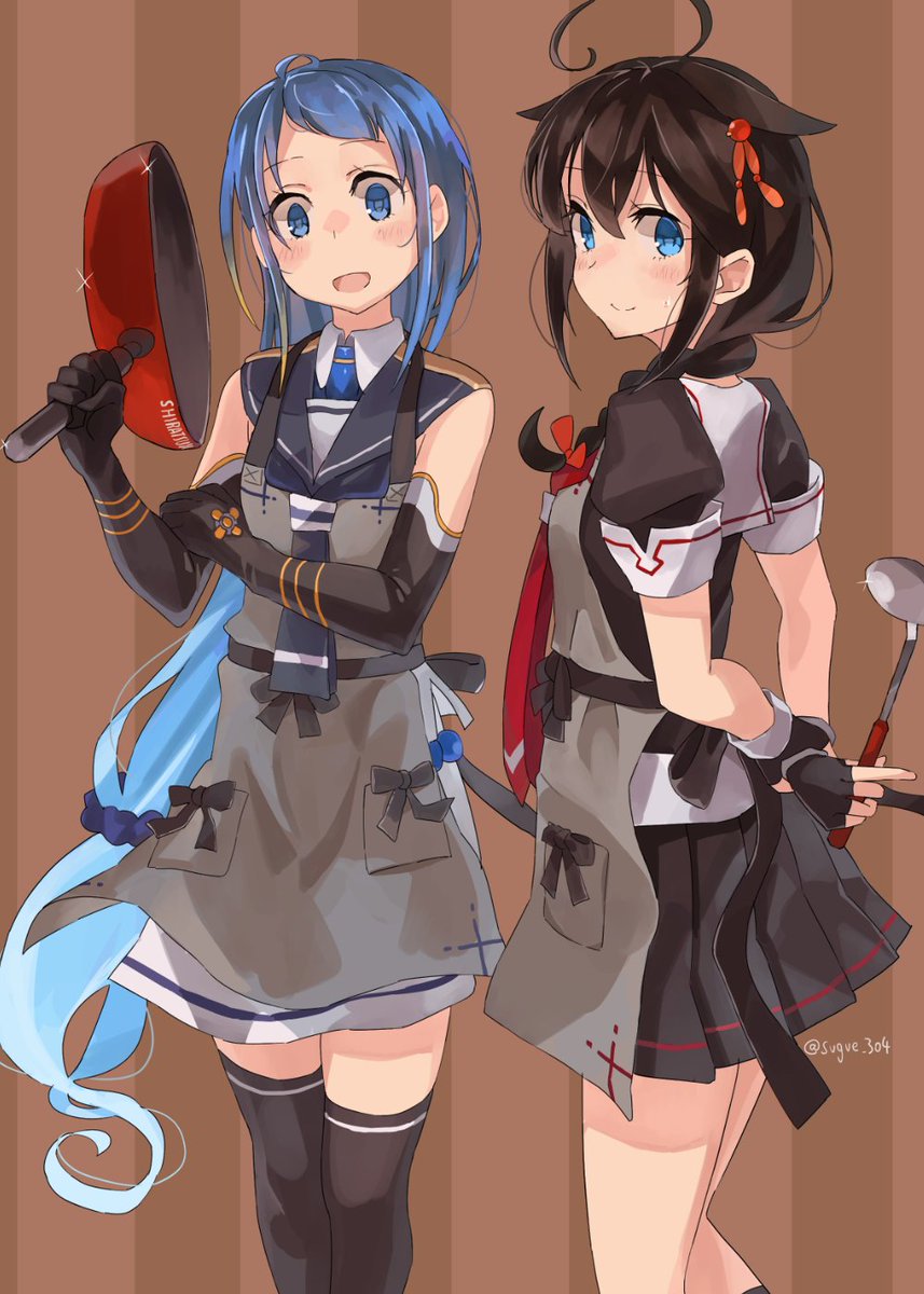 samidare (kancolle) ,shigure (kancolle) ,shigure kai ni (kancolle) blue eyes multiple girls 2girls blue hair long hair gloves serafuku  illustration images