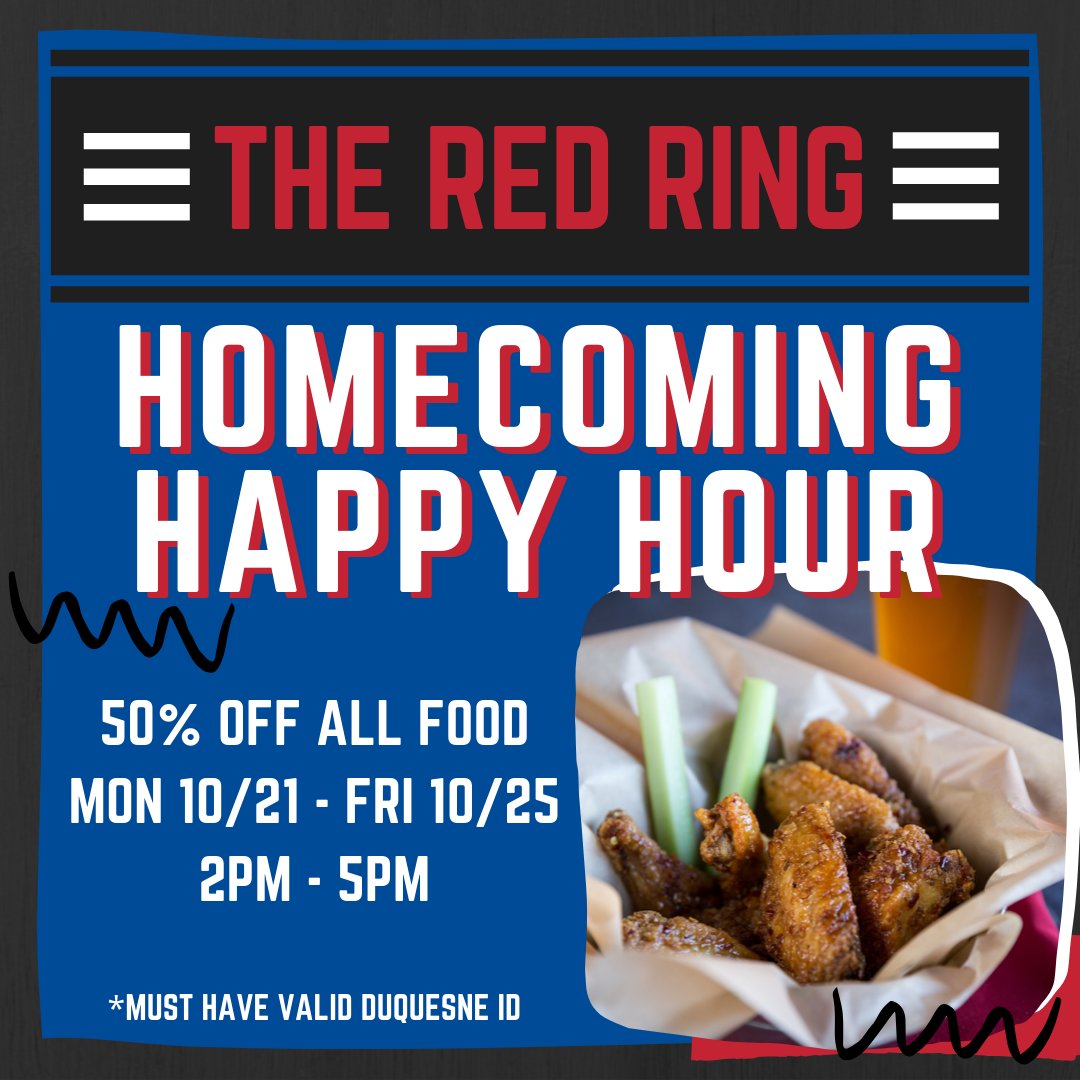 TheRed_Ring's tweet photo. Happy Homecoming Week, Dukes! ❤️💙

We're celebrating with 50% off ALL FOOD at the Red Ring!

Offer valid thru Friday from 2pm - 5pm. Must have valid Duquesne ID. PLUS &amp; Flex accepted. https://t.co/SsHJJ5cAdE