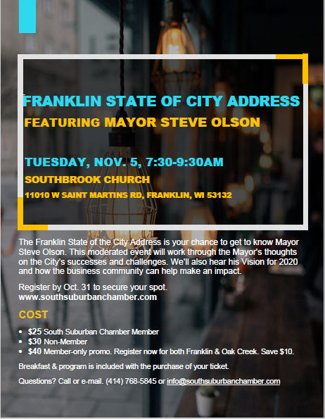 ParkConsortium's tweet photo. Franklin State of the City Address – featuring Mayor Steve Olson
When: Tuesday, Nov. 5, 7:30-9:30am
Where: Southbrook Church

Breakfast &amp; moderated speaker program with Q&amp;A session included with ticket.

https://t.co/qhyVAAydPn https://t.co/zJI2mOyoVh