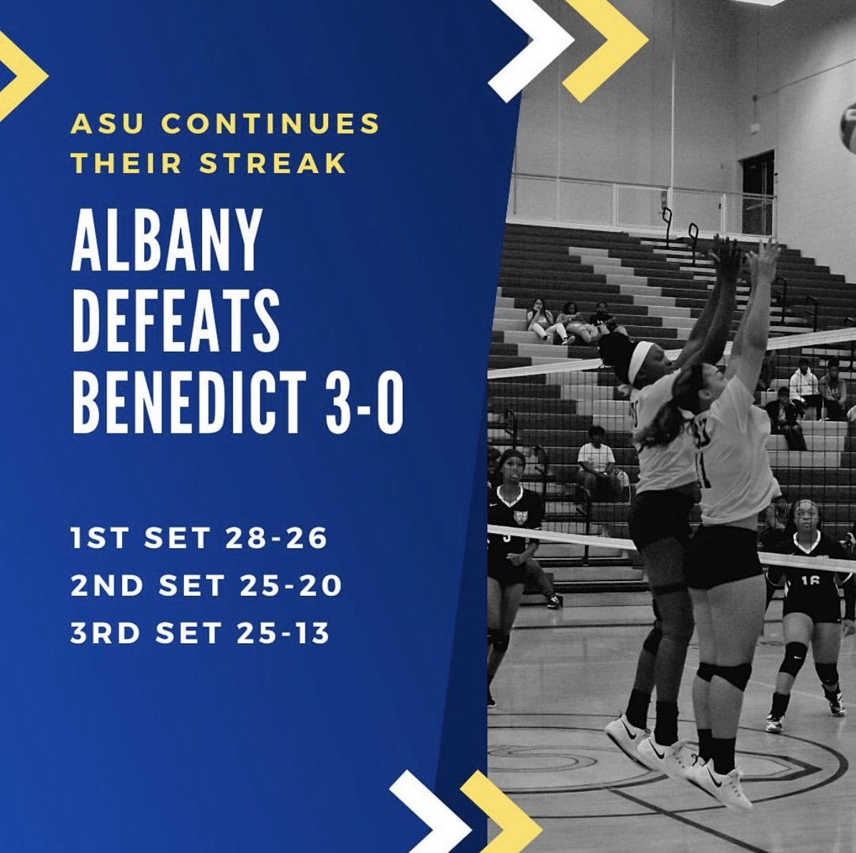 AlbanyStateVolleyball (@albanystatevb) on Twitter photo Three Up, Three Down 💪🏽
Congratulations to your Lady Rams on their win against <a href="/benedict_tigers/">BC Tigers Athletics</a> Taking them in 3 sets!!!! Albany State continues their 6 game winning streak🗣 Three Up, Three Down 💪🏽
Congratulations to your Lady Rams on their win against <a href="/benedict_tigers/">BC Tigers Athletics</a> Taking them in 3 sets!!!! Albany State continues their 6 game winning streak🗣