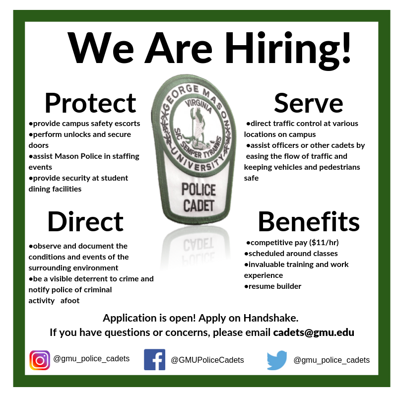 We Are Hiring!!! Apply today on the GMU job portal Handshake! We would love to have you join our team.