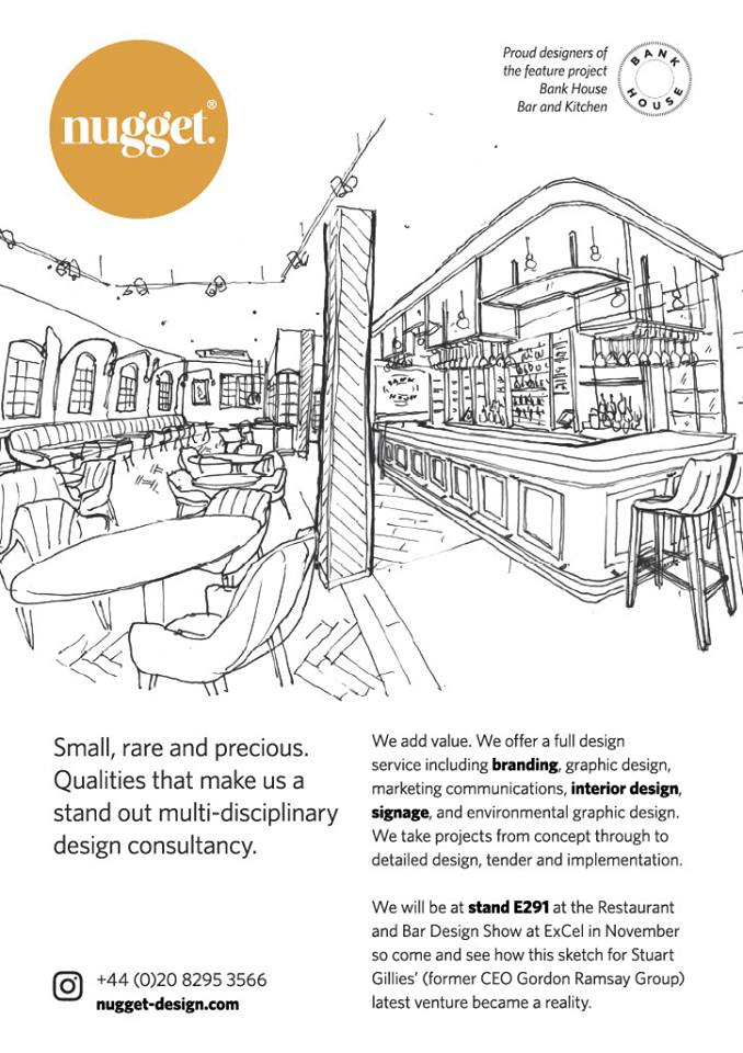 NuggetDesign's tweet photo. Just under a month until we will be exhibiting at the Restaurant &amp; Bar Design Show at London ExCel with a case study of our latest project, Bank House Bar &amp; Kitchen. Why not pop by stand E291 on 19th &amp; 20th November and say hello...
#FES19 #RTIE19 #Hospitality #BankHouse https://t.co/GhmaJW2AMg