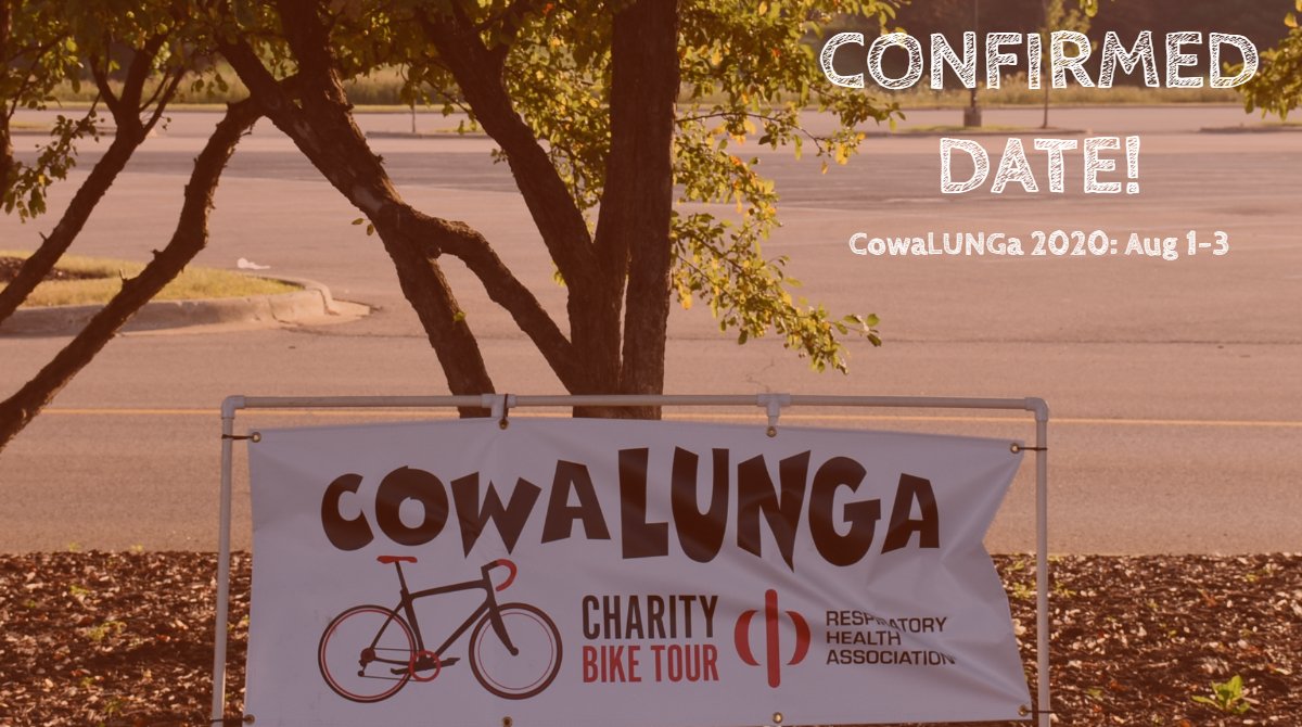 CowaLUNGa's tweet photo. From tentative to confirmed - save the date for the CowaLUNGa Charity Bike Tour 2020: Aug 1-3! #bike #cycle #bikeil #bikewi #healthylungs #cleanair #ride #resphealth https://t.co/5JGA5ARxNx