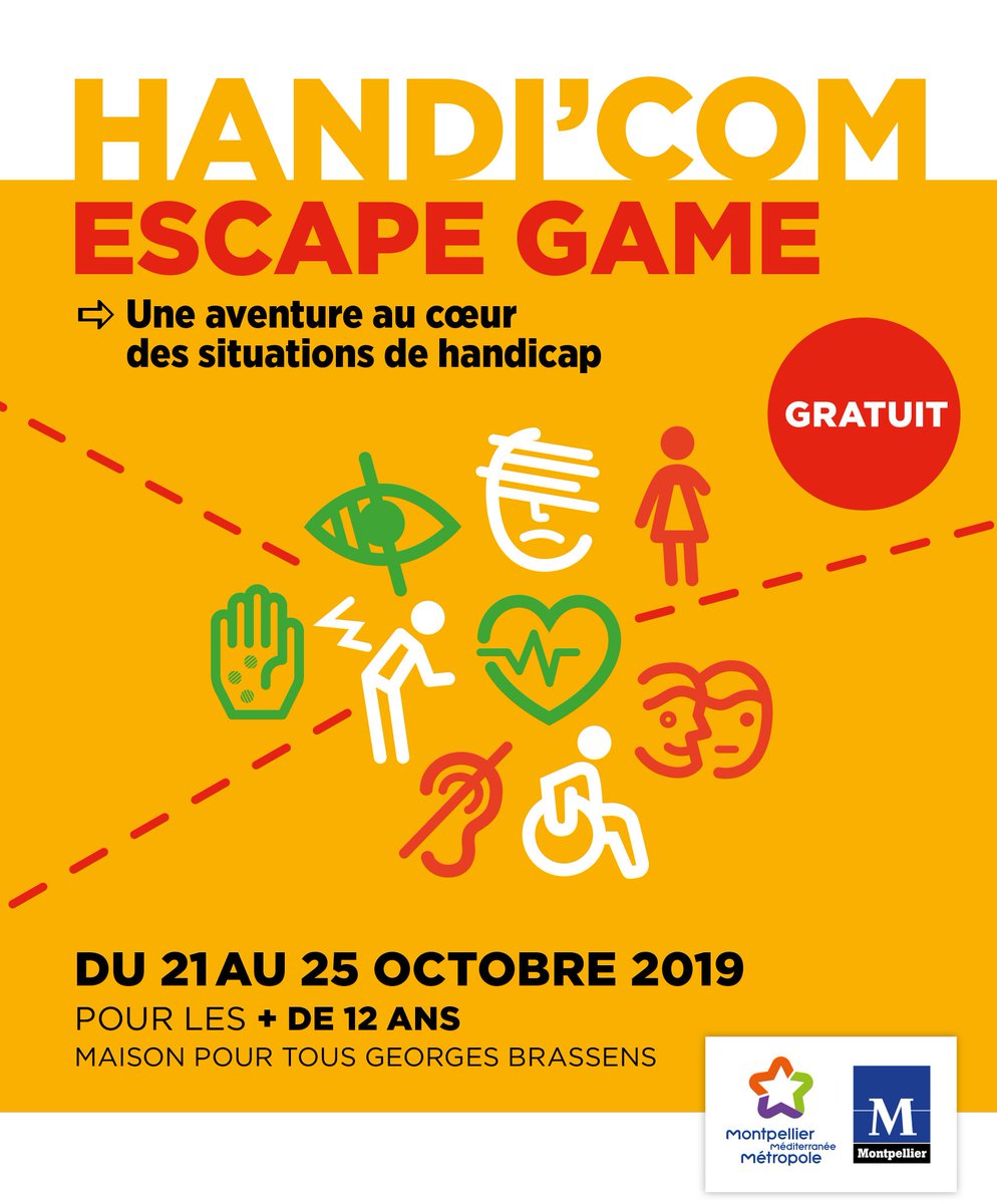 montpellier_'s tweet photo. ➡️Dans le cadre de l'opération #HandiCom", la Ville de Montpellier organise un "Escape Game Handicap" afin de sensibiliser les personnes valides aux différentes formes de handicap !

👉Inscriptions gratuites à partir de 12ans :
-04 67 40 40 11
-mtp.brassens@ville-montpellier.fr https://t.co/52pStoj6A1