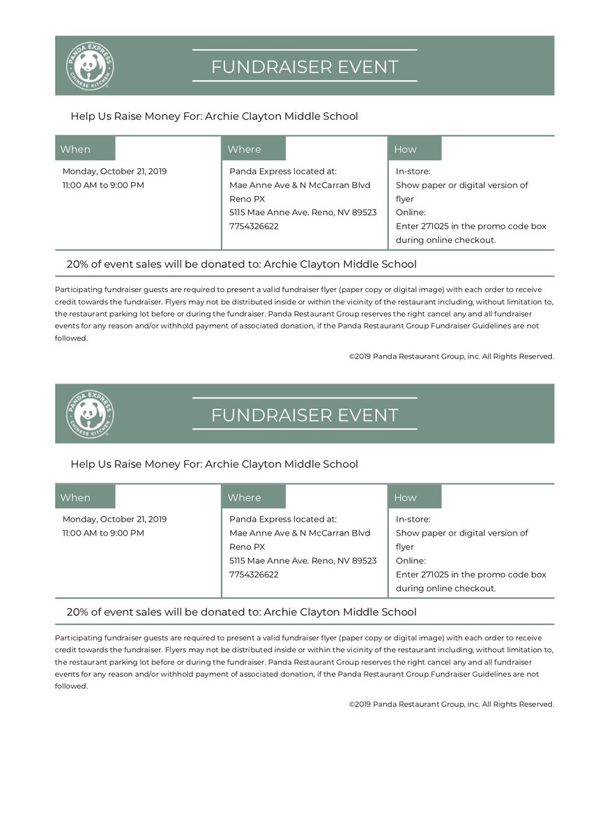 Do you know what sounds delicious for lunch today? Orange Chicken from Panda Express! Head to Panda on MaeAnne &amp; McCarran TODAY from 11am - 9pm. 20% of event sales will be donated to Clayton so bring this flyer or use promo code 271025 for online orders. Support our school!