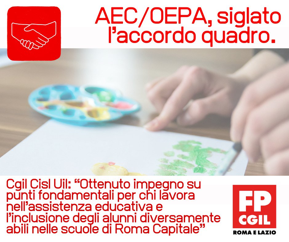 AEC/OEPA, siglato l’accordo quadro. #Cgil Cisl Uil: “Impegno su punti fondamentali per chi lavora nell’assistenza educativa e l’inclusione degli alunni diversamente abili nelle scuole di Roma Capitale”. 
Leggi e scarica il verbale: bit.ly/35QiR7O
#SosCoop
#CiSiamo